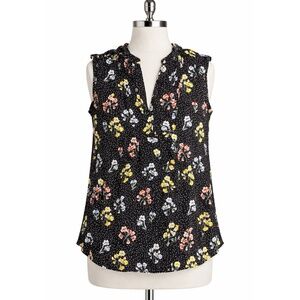 LOFT Women’s XS Black Floral Polka Dot Sleeveless Blouse Romantic V-Neck Blouse